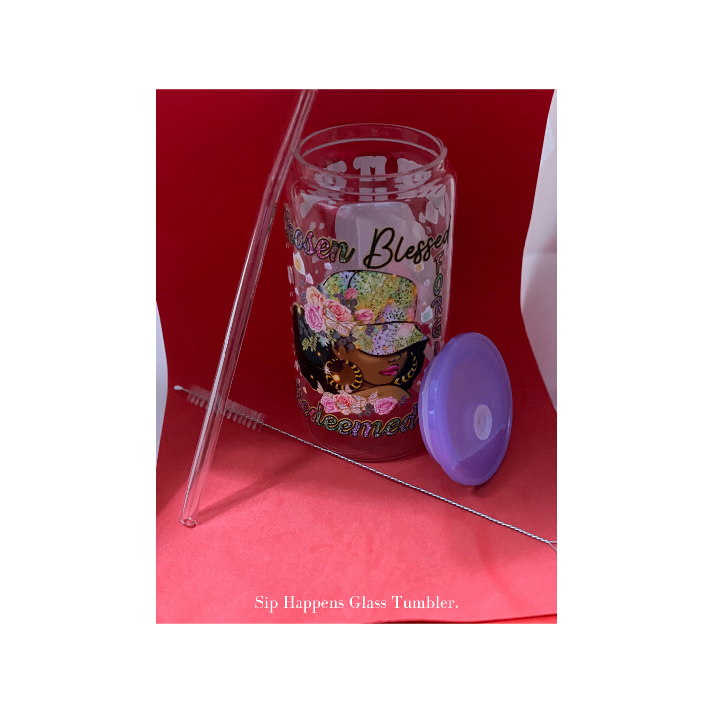 Sip Happens Glass Tumbler, 16 oz Glass Cup with Acrylic Lid and Straw