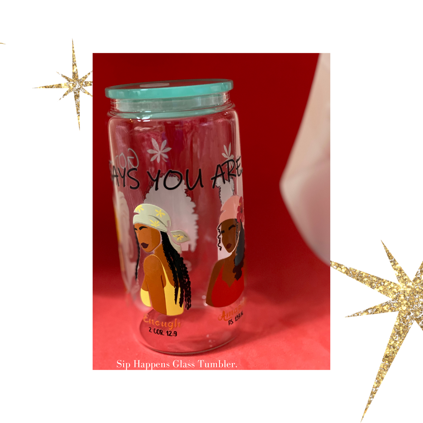 Sip Happens Glass Tumbler, 16 oz Glass Cup with Acrylic Lid and Straw