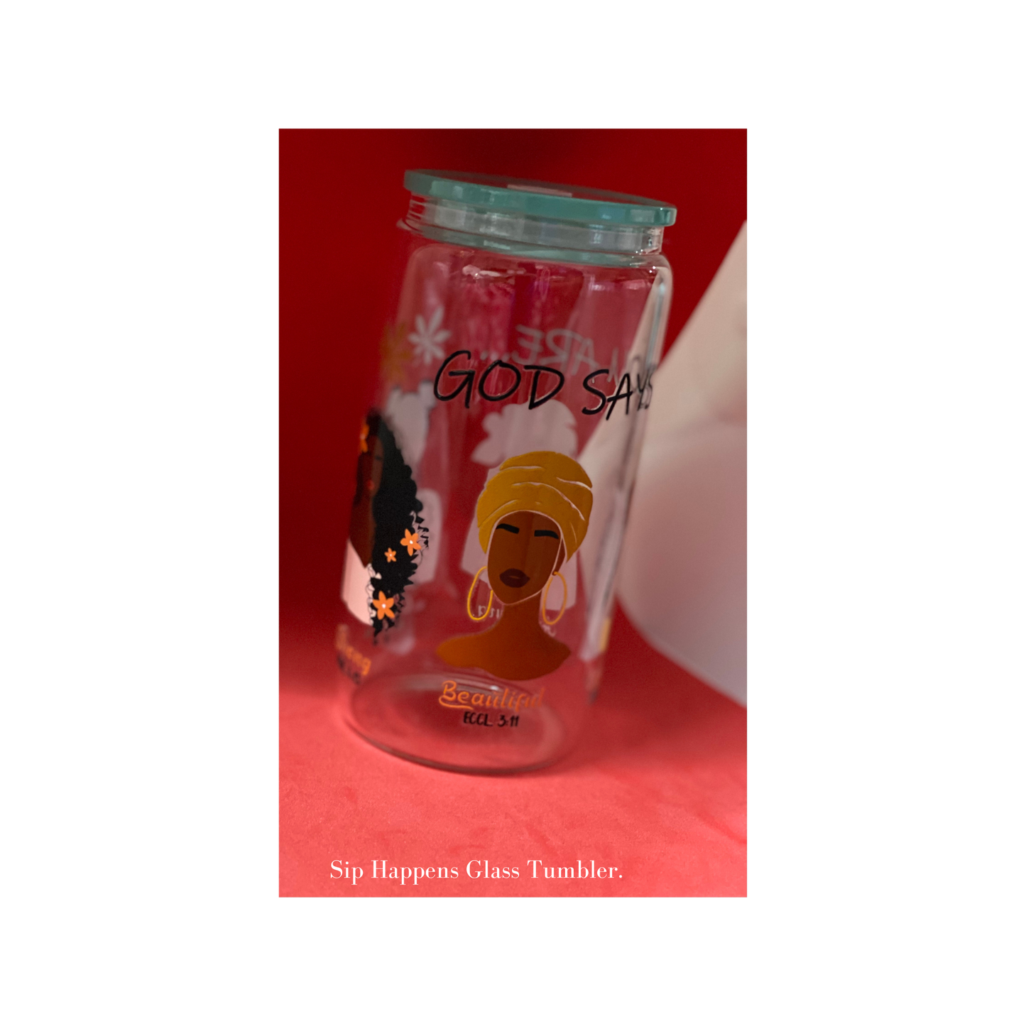 Sip Happens Glass Tumbler, 16 oz Glass Cup with Acrylic Lid and Straw
