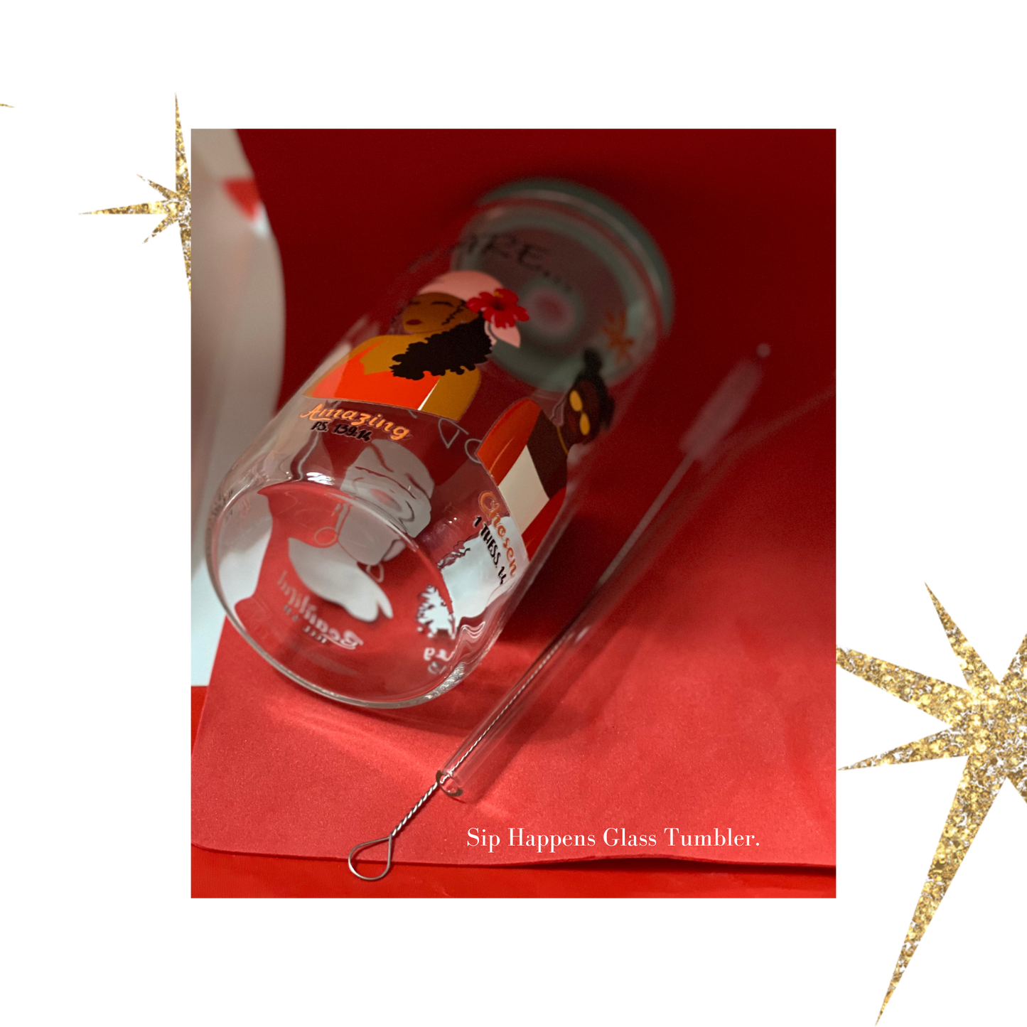 Sip Happens Glass Tumbler, 16 oz Glass Cup with Acrylic Lid and Straw