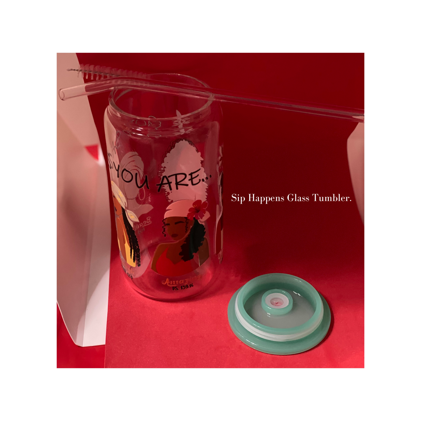 Sip Happens Glass Tumbler, 16 oz Glass Cup with Acrylic Lid and Straw