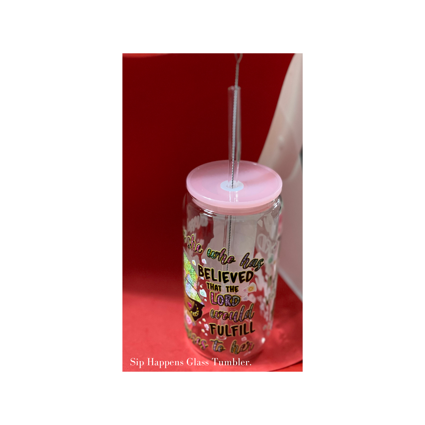 Sip Happens Glass Tumbler, 16 oz Glass Cup with Acrylic Lid and Straw