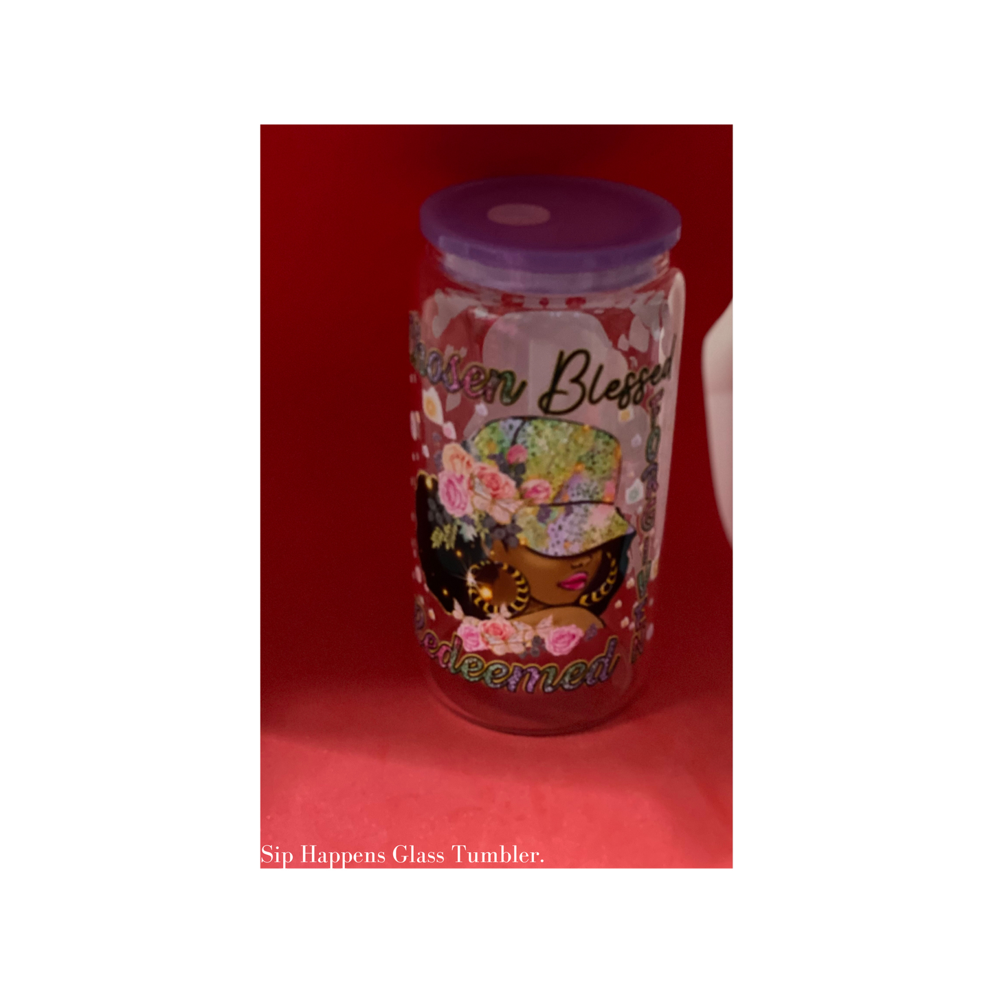 Sip Happens Glass Tumbler, 16 oz Glass Cup with Acrylic Lid and Straw