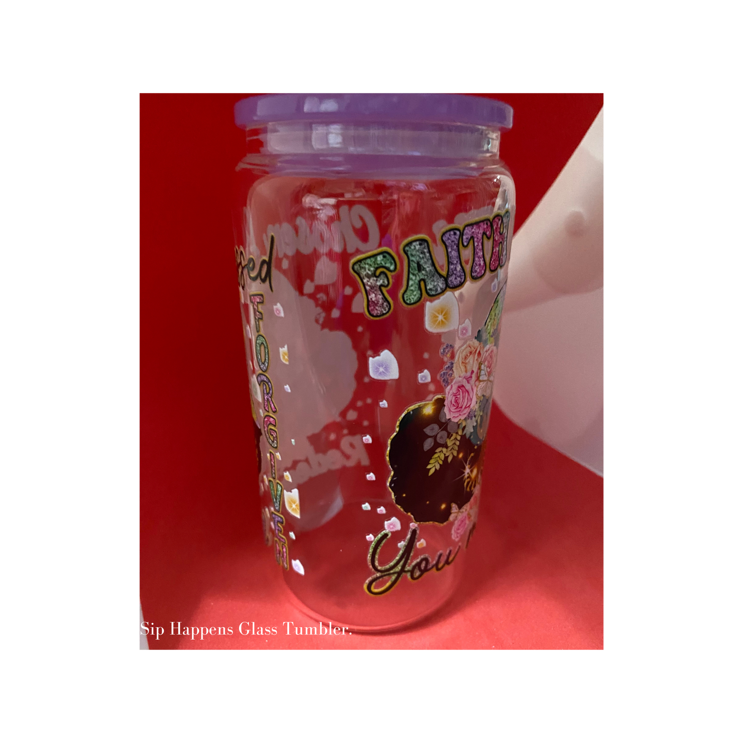 Sip Happens Glass Tumbler, 16 oz Glass Cup with Acrylic Lid and Straw